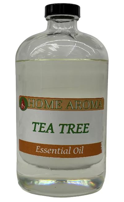 Bottle of Home Aroma Tea Tree Essential Oil on a white background