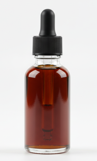 black seed oil in clear glass bottle with droper cap